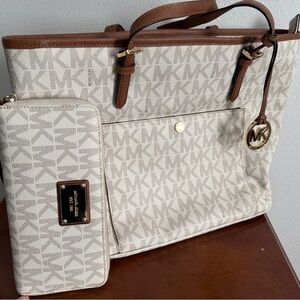 Michael Kors Beige and Brown Monogram Tote with Wallet